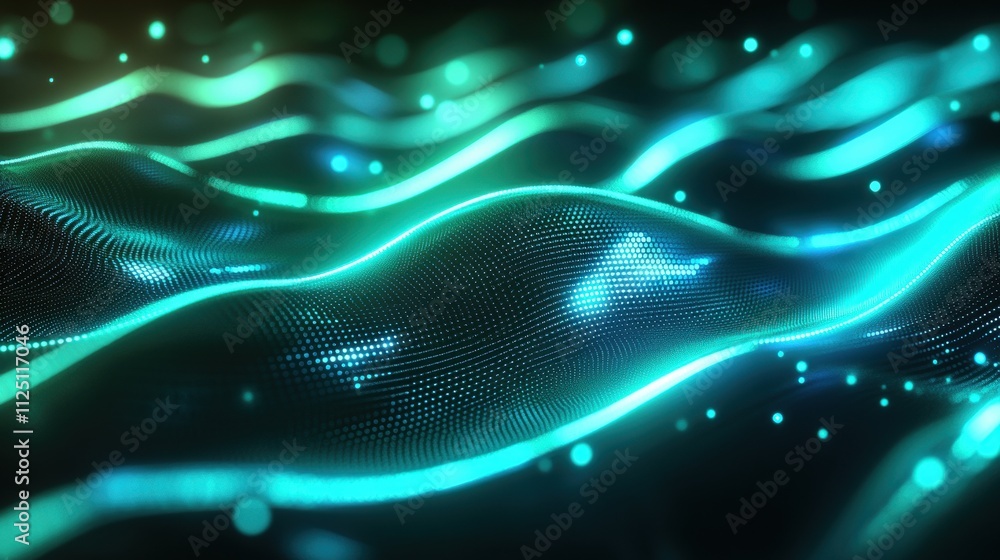 Poster abstract digital waves in vibrant shades of blue and green creating a mesmerizing visual effect.