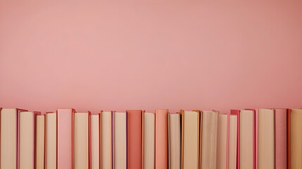 un fondo rosa pastel con libros en la parte de abajo juntos apilados para el aprendizaje y...