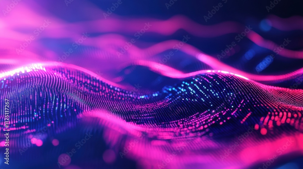 Poster an abstract representation of colorful digital waves in shades of pink and blue, creating a dynamic,