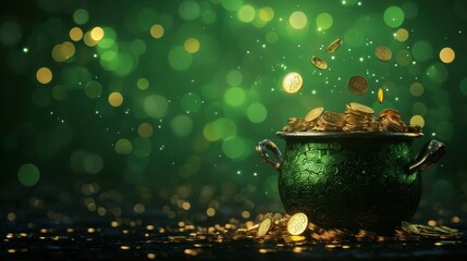 Magical pot of gold overflowing with coins on a green backdrop