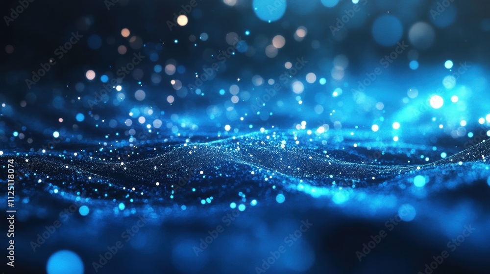 Poster mesmerizing blue abstract waves with shimmering particles, creating a calming and ethereal atmospher