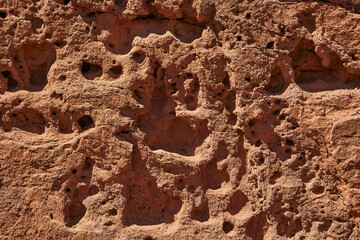 red rugged sandstone, natural stone wall texture background. eroded soil close up. dry climate, erosion, canyon area. 