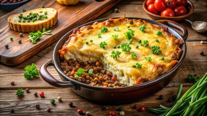Fototapeta premium Delicious Homemade Shepherd's Pie Recipe Photography - Fresh Herbs & Spices