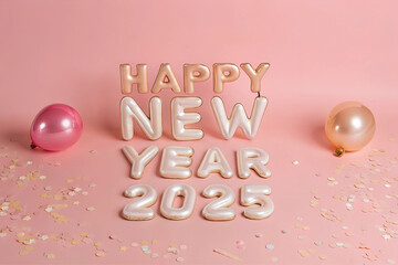 Happy New Year Festive Celebration of 2025 golden foil balloon 3d text effect	