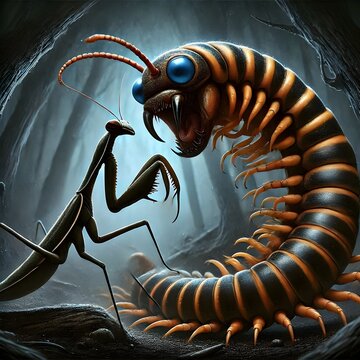 A millipede with a poisonous tail that is angry and fighting with a praying mantis that is very hungry, the background is in a dark forest and the atmosphere is scary
