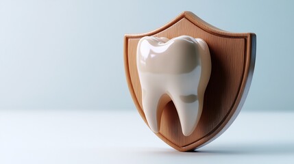 Healthy tooth on wooden shield; dental care concept.