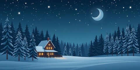 Fototapeta premium Winter night scene with a cozy house nestled in a snowy forest, under a starry sky, landscape, winter
