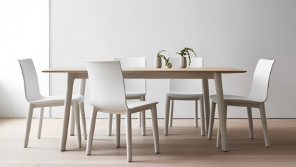 Minimalist interior with a few white chairs and a table combined with light wood
