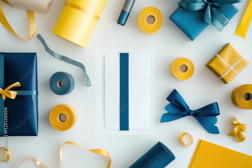 Aufkleber brightly colored wrapping paper, ribbons, and an empty card are arranged for easy gift preparation a