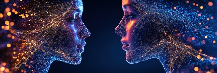 Two digital faces facing each other in dots of light.