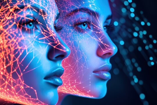 Two digital faces in wireframe mesh with neon glow.