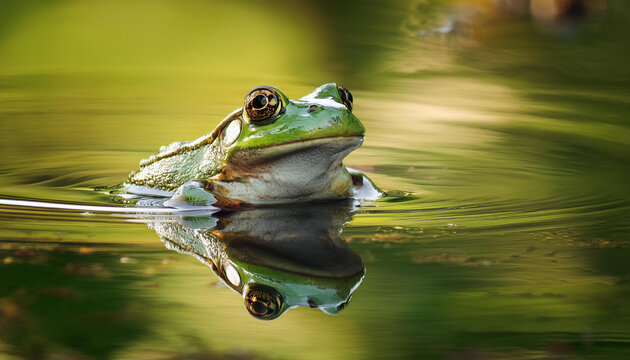 Frog sitting in a pond with reflection on the water