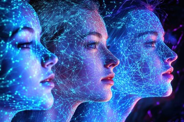 Triple blue faces with digital mesh and patterns.