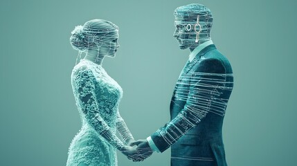 man in a suit holding hands with his partner, his figure overlaid with wedding rings, symbolizing commitment and the importance of lasting bonds in marriage. [men's]:[marriage advice] 