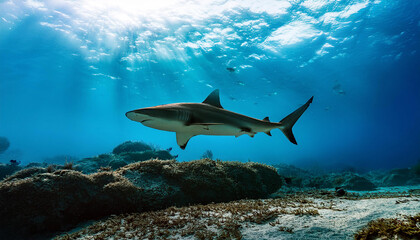 Obraz premium Shark underwater photo; sea life swimming; ocean scenery; blue water