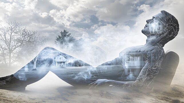 man in a relaxed posture, his face partially blended with images of a home and family, suggesting marriage advice on creating a nurturing and supportive family environment. [men's]:[marriage 