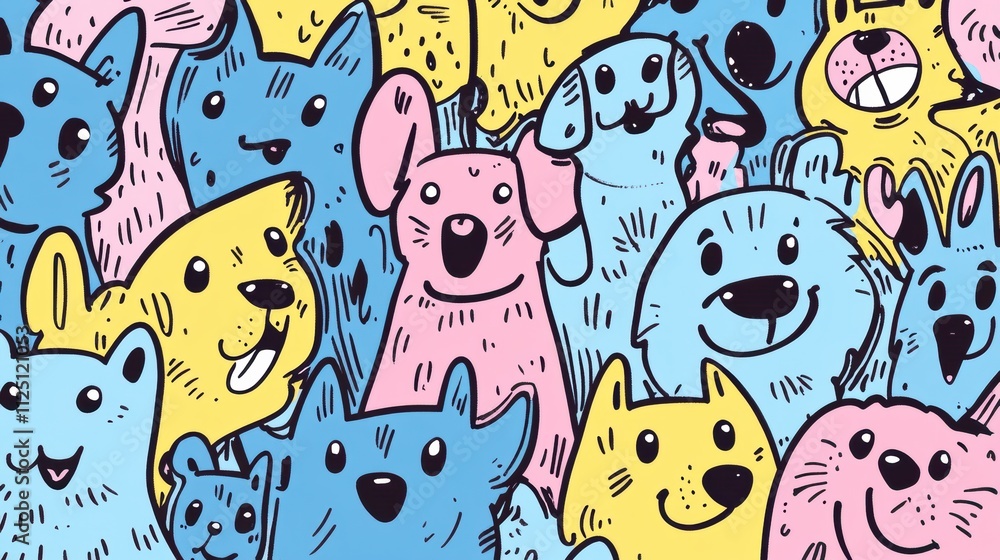 Aufkleber a vibrant doodle features various dog faces filled with joy, curiosity, and playfulness, surrounded 