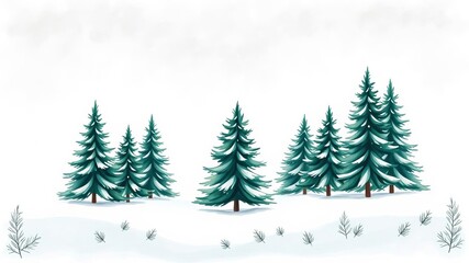 Winter watercolor illustration of a coniferous forest with spruce trees, snow-covered landscape, and mysterious pine trees, hand drawn, pine trees
