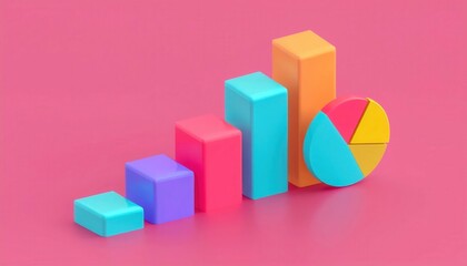 Fototapeta premium Colorful 3D bar charts and pie chart on pink background, symbolizing growth and data analysis in business.