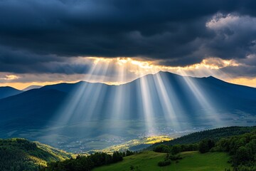 A serene image of rolling hills under a dynamic cloudy sky, with light rays breaking through the clouds in dramatic beams