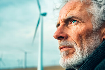Generated consultant with grey hair, gazing thoughtfully towards the horizon. In the blurred background, a wind farm symbolizes renewable energy and environmental commitment,