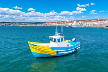 Fototapeta premium A serene photo of a fishing boat returning to the harbor with a haul, emphasizing the maritime economy