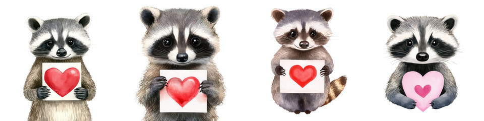 Valentine watercolor decor featuring cute raccoons holding hearts in a playful scene