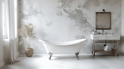 Vintage clawfoot bathtub with marble vanity and rustic decor

