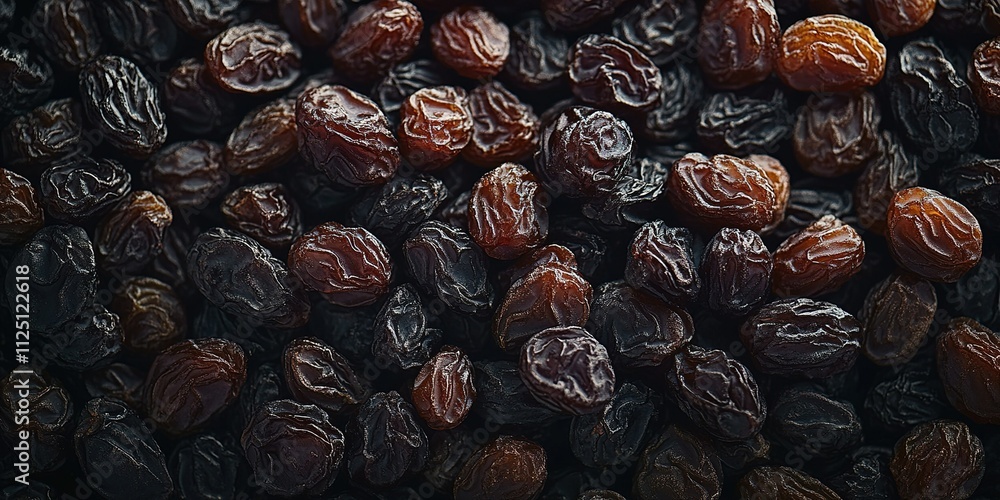 Poster rich, dark raisins displayed in a close-up view showcasing their texture and color variations in nat