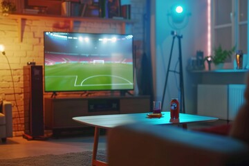 Enthusiastic fans gather in a chic loft captivated by the live broadcast of the thrilling football world championship finals. The atmosphere is vibrant with anticipation.