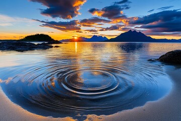 A serene photo of rippling water reflecting a colorful sunset, creating dynamic patterns on the surface