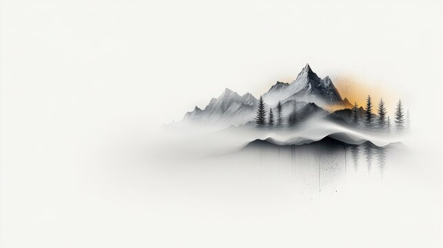 Peaceful minimalist drawing of snow-covered mountains, monochrome art with subtle shading, relaxing and simple modern poster design, ultra-realistic, photo-realistic, highly detailed, 