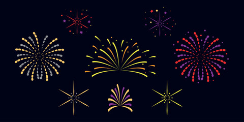 Set of fireworks on black background.  Elements for celebration designs. Vector illustration