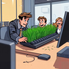 Excited young professionals interacting with a keyboard surrounded by grass at the office