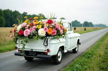 White truck with trunk filled with many spring bright flowers on rural road. flower delivery concept.