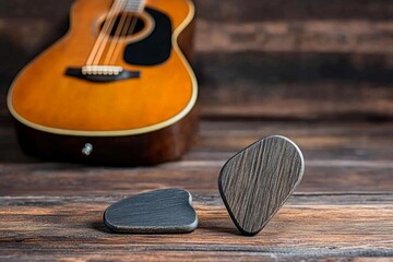 A set of handcrafted ebony guitar picks displayed beside a well-worn acoustic guitar