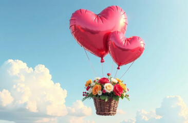 A basket of flowers tied to heart-shaped balloons flies in the sky. Flower delivery concept.