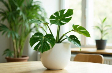 Monstera plant in a white pot in a bright living room. Home gardening concept.