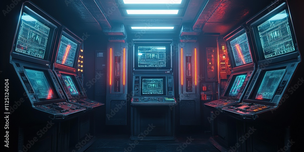 Poster futuristic control room with glowing screens and advanced technology during a high-tech operation at