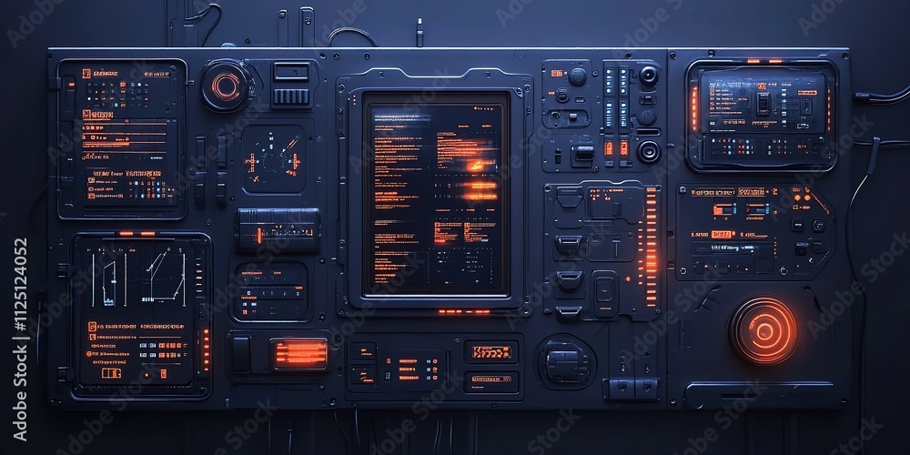 Poster control panel with glowing displays and controls set in a dark environment showcasing technological 