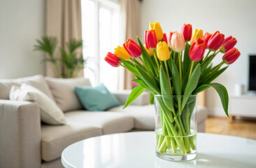 Bouquet of yellow and pink tulips in a glass vase on a table in a bright room.