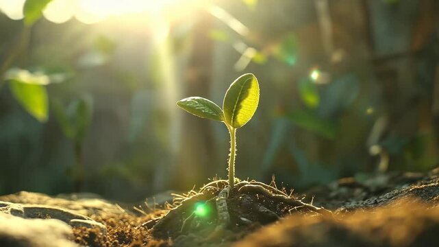 New green plant sprouts from fertile soil under warm sunlight in a natural setting