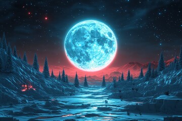Naklejka premium A surreal landscape featuring a large blue moon over a snowy terrain with pine trees.