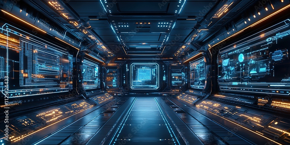 Aufkleber futuristic corridor with glowing panels and digital interfaces in a high-tech environment