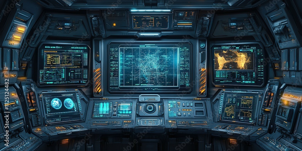 Aufkleber detailed control room with advanced technology and star map displays in a futuristic setting