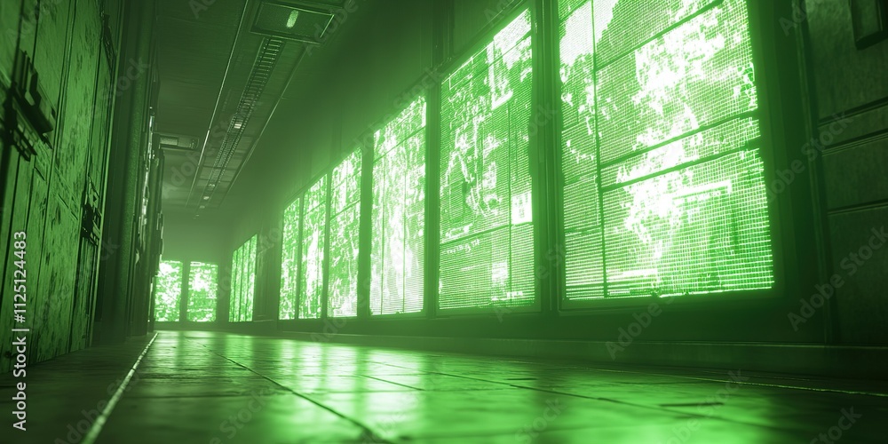 Poster green illuminated corridor with digital displays in a futuristic setting