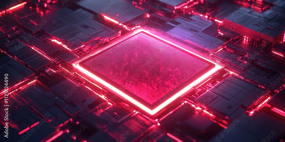 Poster vivid depiction of a high-tech microchip surrounded by illuminated circuits in a futuristic setting