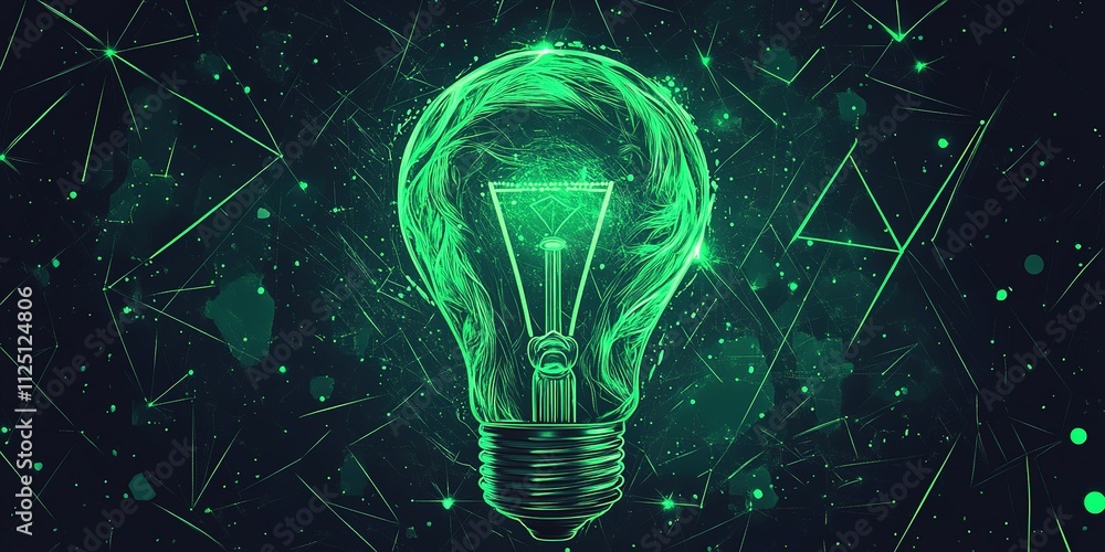 Poster bright green light bulb surrounded by abstract patterns representing creativity and innovation in a 