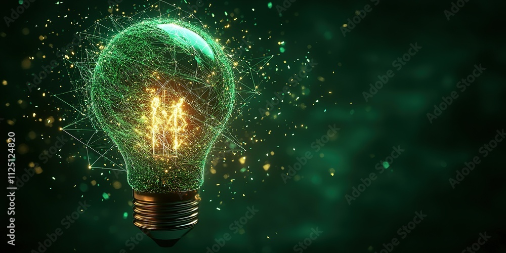 Poster unique glowing light bulb design with a digital sparkle effect creating a futuristic ambiance