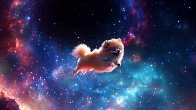 Whimsical pomeranian dog floating in cosmic galaxy with vibrant nebula for imaginative storytelling